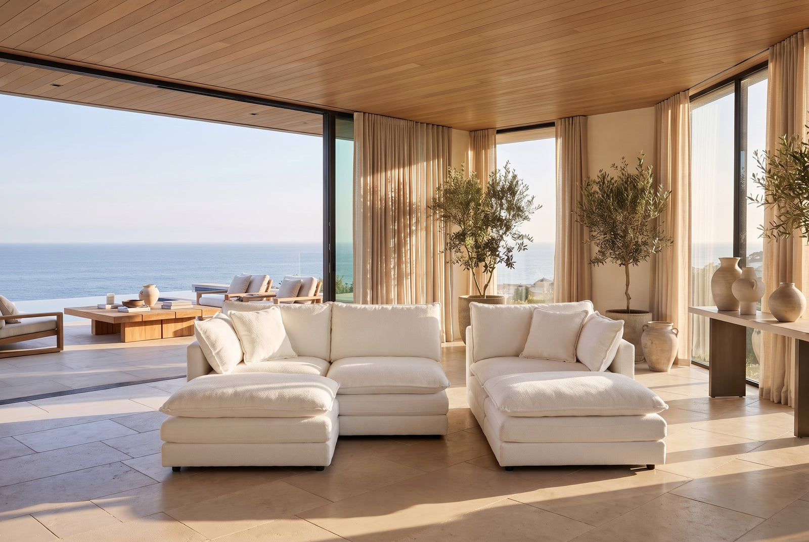 The same cream modular sectional arranged as a split