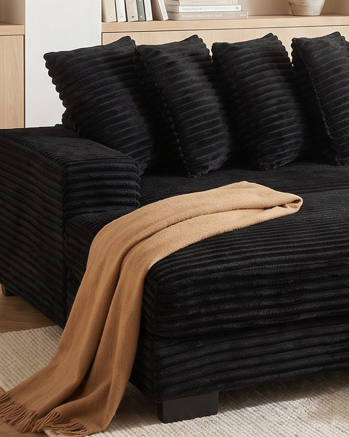 Black Corduroy L-Shaped Sectional with Reversible Chaise