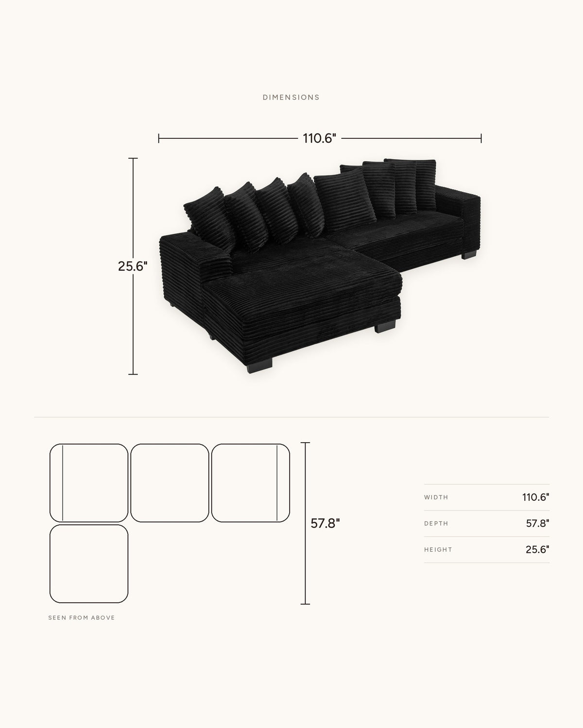 Black Corduroy L-Shaped Sectional with Reversible Chaise, 111 in, dimensions in inches
