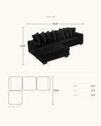 Black Corduroy L-Shaped Sectional with Reversible Chaise, 111 in in Black, chaise shown on the left (reversible), dimensions diagram in inches [c:black] [r:dims]