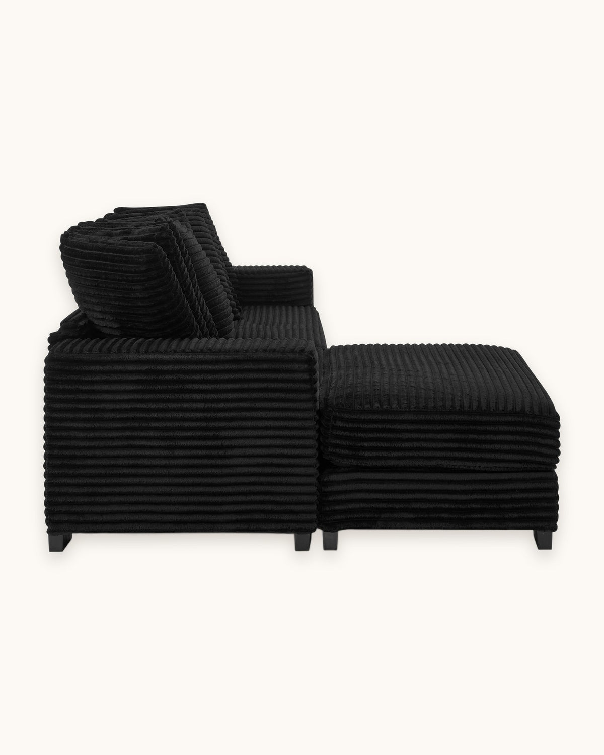 Black Corduroy L-Shaped Sectional with Reversible Chaise, 111 in in Black, chaise shown on the left (reversible), side view