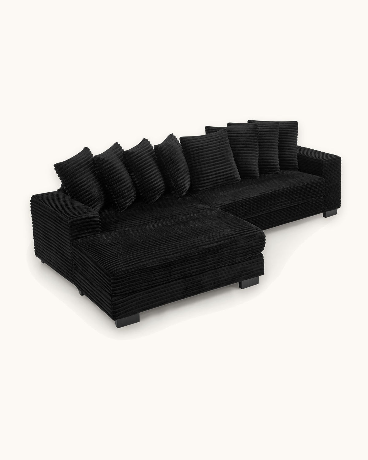 Black Corduroy L-Shaped Sectional with Reversible Chaise, 111 in in Black, chaise shown on the left (reversible), studio photo on a light background
