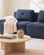 Blue Tufted Corduroy Sectional with Ottoman, 117 in in Blue, close-up of the left end [c:blue] [r:detail]