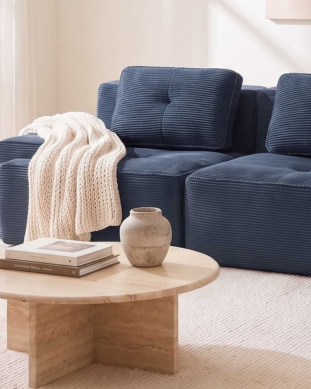 Blue Tufted Corduroy Sectional with Ottoman, 117 in in Blue, close-up of the left end