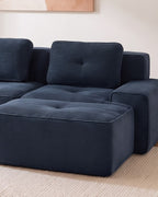 Blue Tufted Corduroy Sectional with Ottoman, 117 in in Blue, close-up of the right end [c:blue]