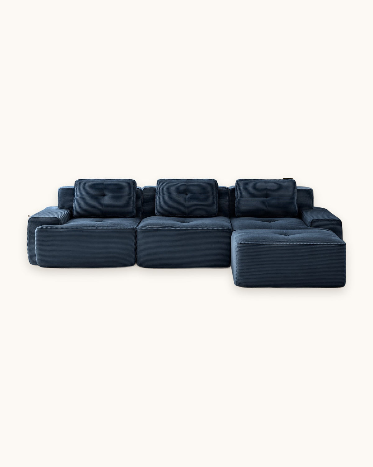 Blue Tufted Corduroy Sectional with Ottoman, 117 in in Blue, studio photo on a light background