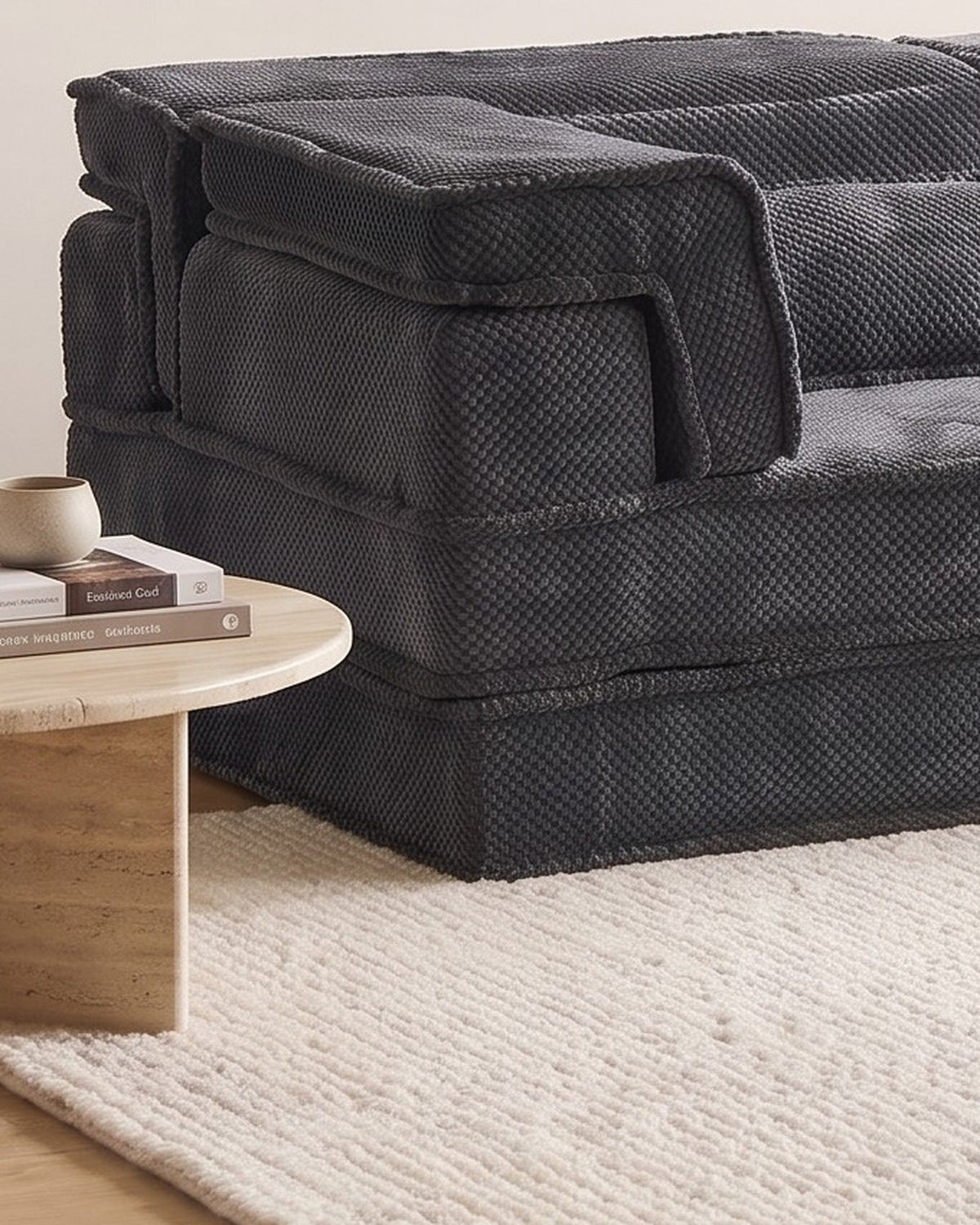 Boneless Compression Loveseat, 79 in in Dark Grey, close-up of the left end