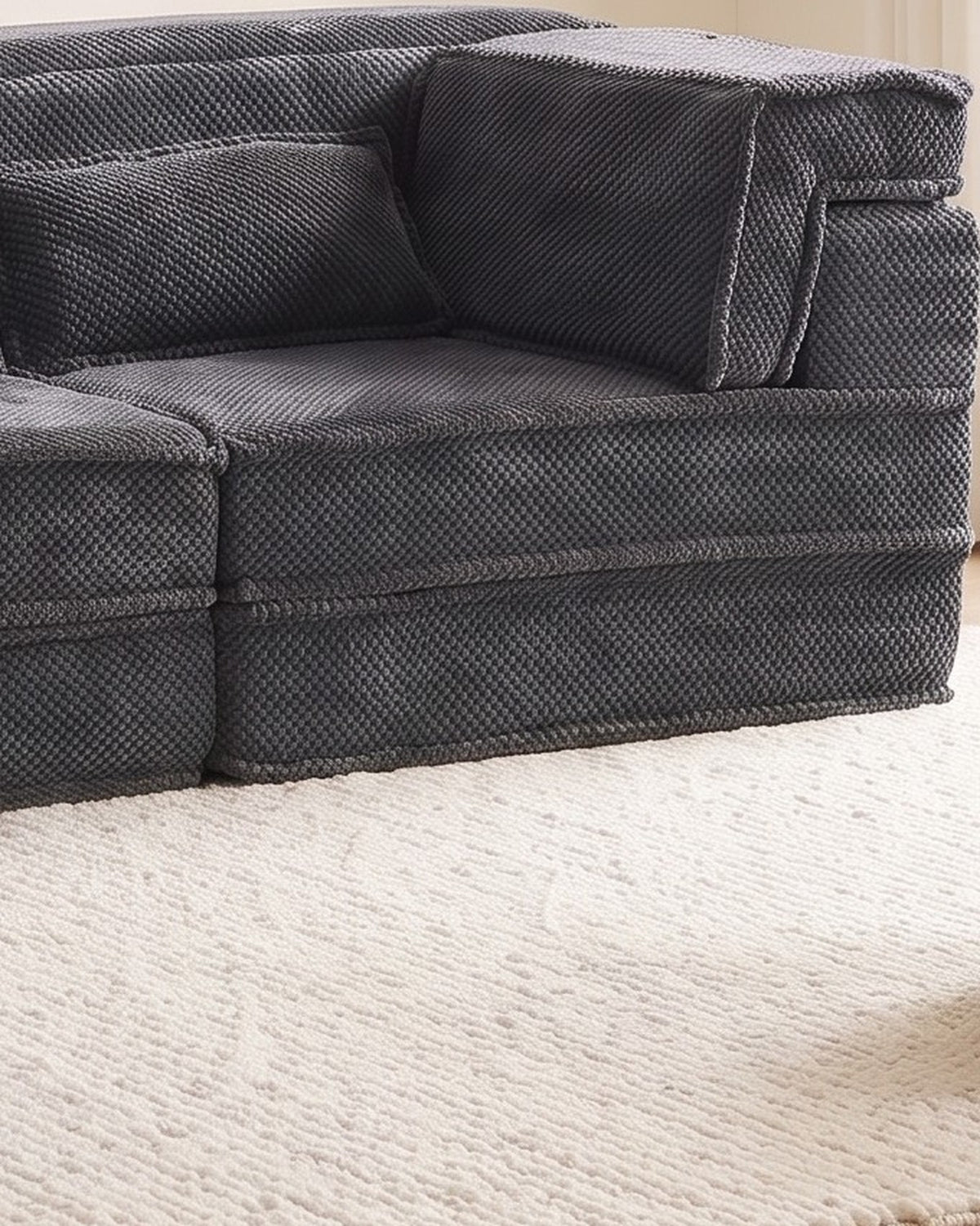 Boneless Compression Loveseat, 79 in in Dark Grey, close-up of the right end