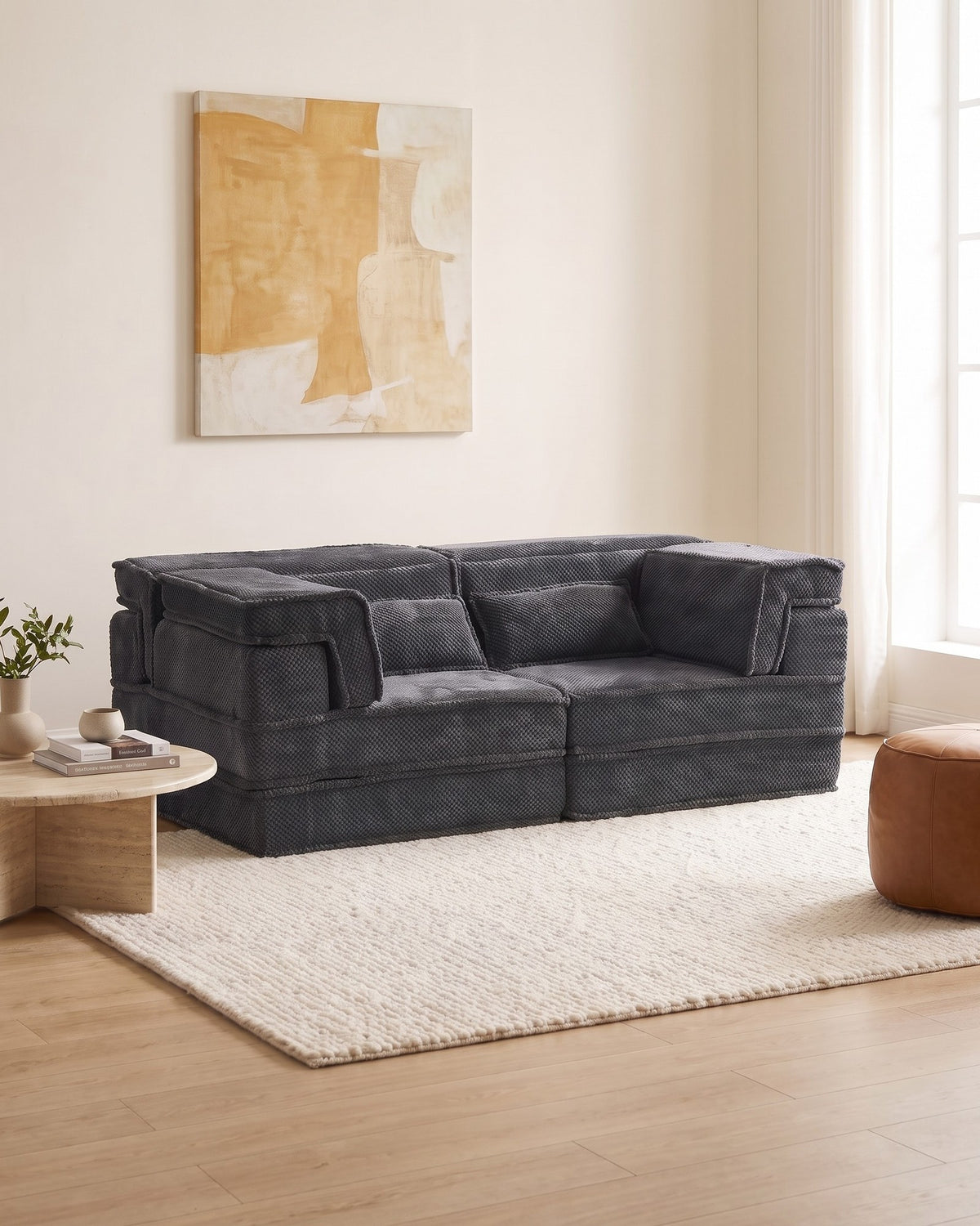 Boneless Compression Loveseat, 79 in in Dark Grey, styled in a bright living room