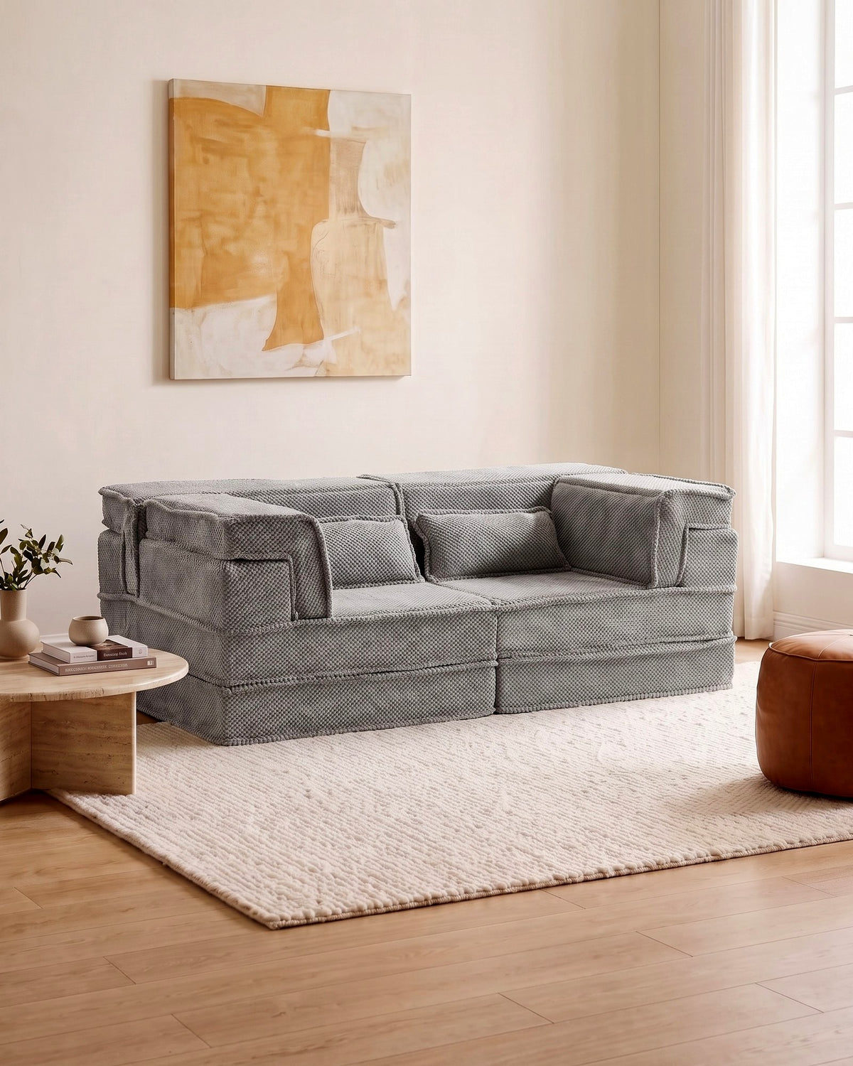 Boneless Compression Loveseat, 79 in in Light Grey, styled in a bright living room