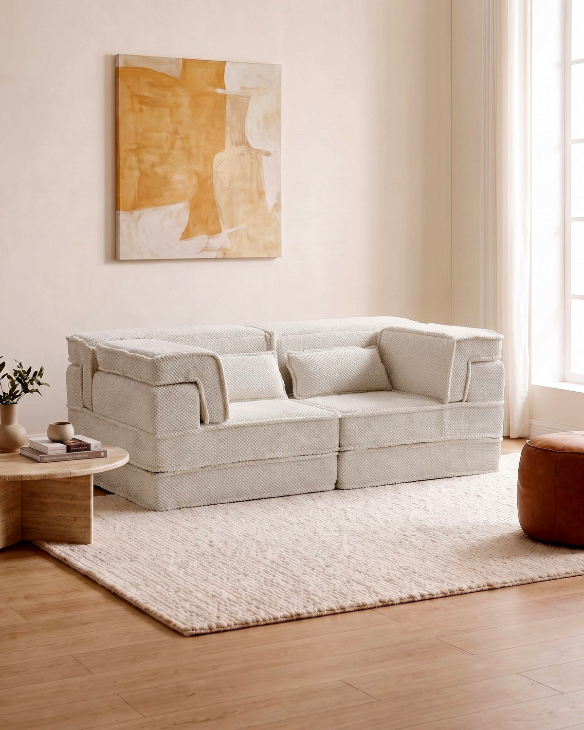 Boneless Compression Loveseat, 79 in in White, styled in a bright living room