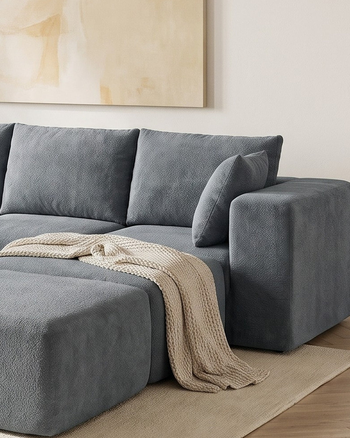 Boneless U-Shaped Sectional with Two Ottomans, 116 in in Dark Grey, close-up of the right end