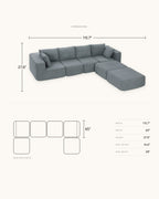Boneless U-Shaped Sectional with Two Ottomans, 116 in in Dark Grey, dimensions diagram in inches [c:darkgrey] [r:dims]