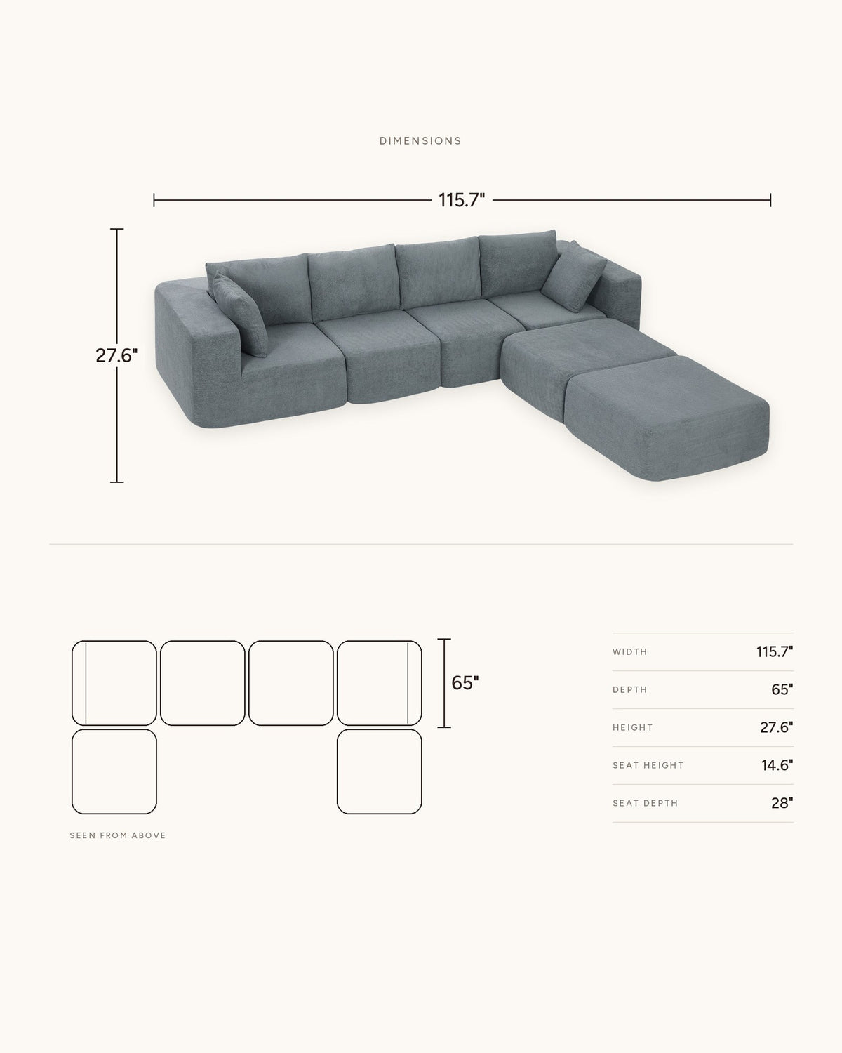 Boneless U-Shaped Sectional with Two Ottomans, 116 in, dimensions in inches