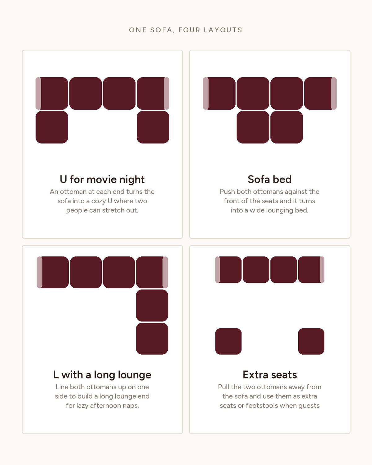 Boneless U-Shaped Sectional with Two Ottomans, 116 in in Dark Grey, top-view diagram of the layouts