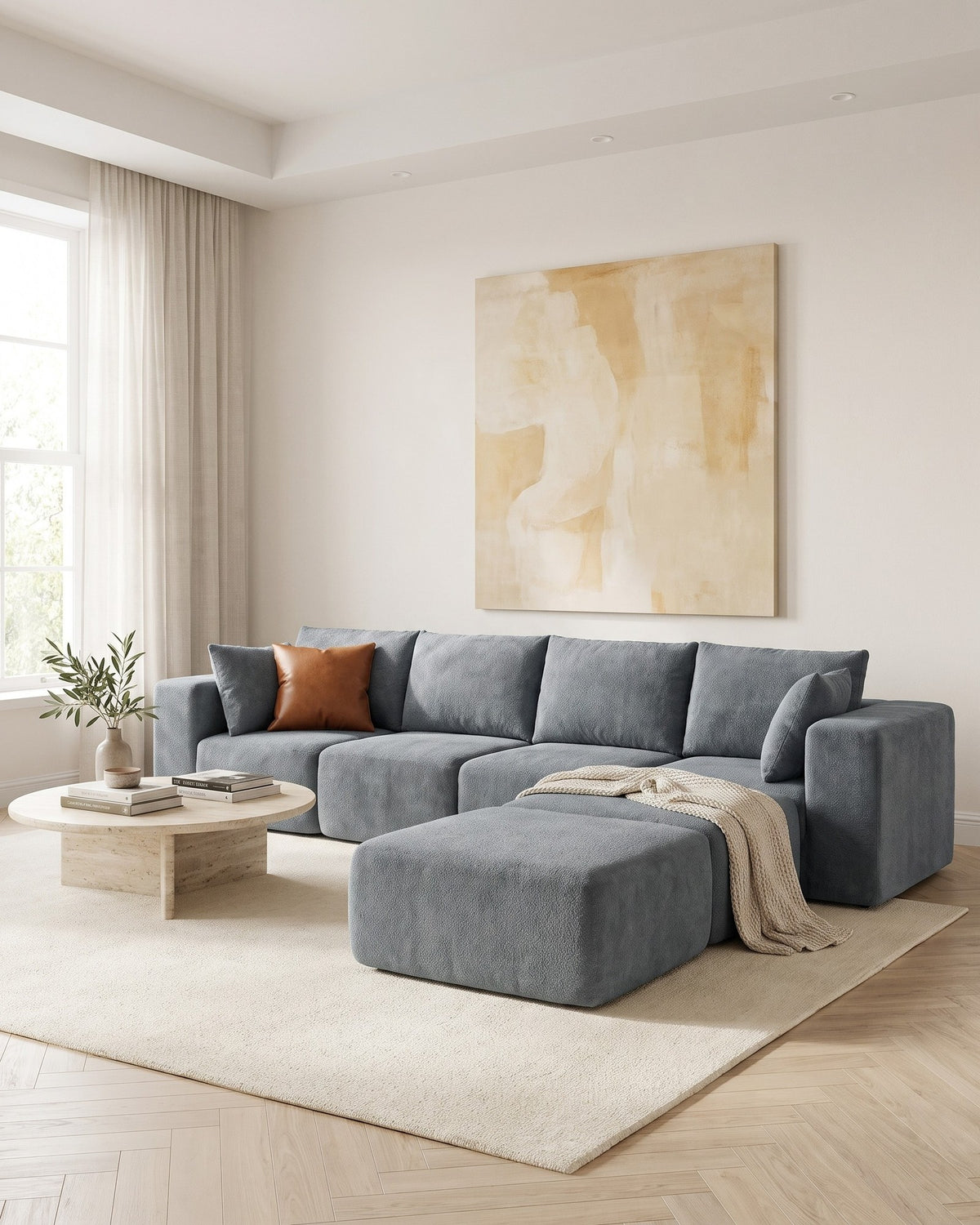 Boneless U-Shaped Sectional with Two Ottomans, 116 in in Dark Grey, styled in a bright living room