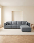 Boneless U-Shaped Sectional with Two Ottomans, 116 in in Dark Grey, styled in a bright living room [c:darkgrey] [r:good]