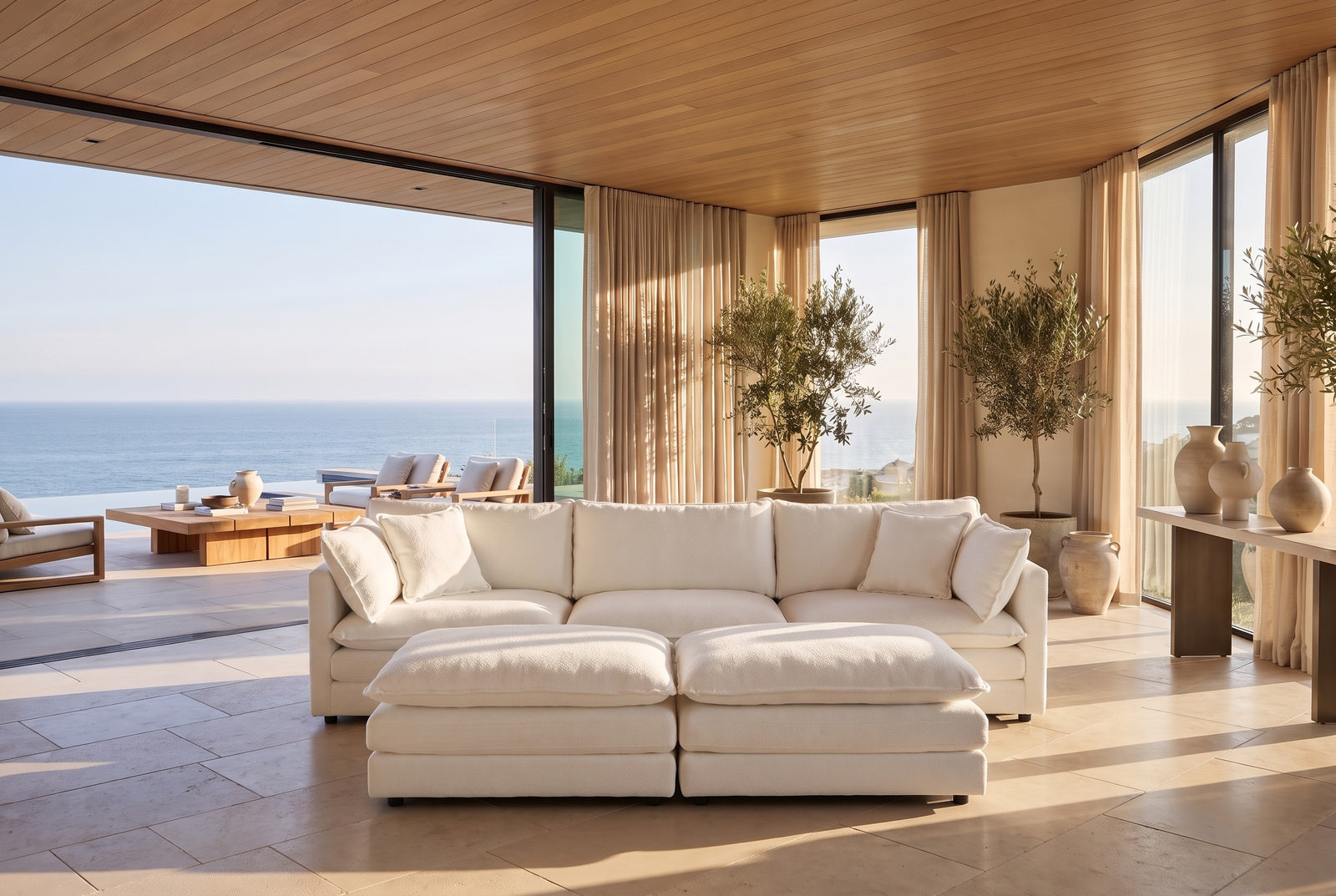 The same cream modular sectional arranged as a classic sofa