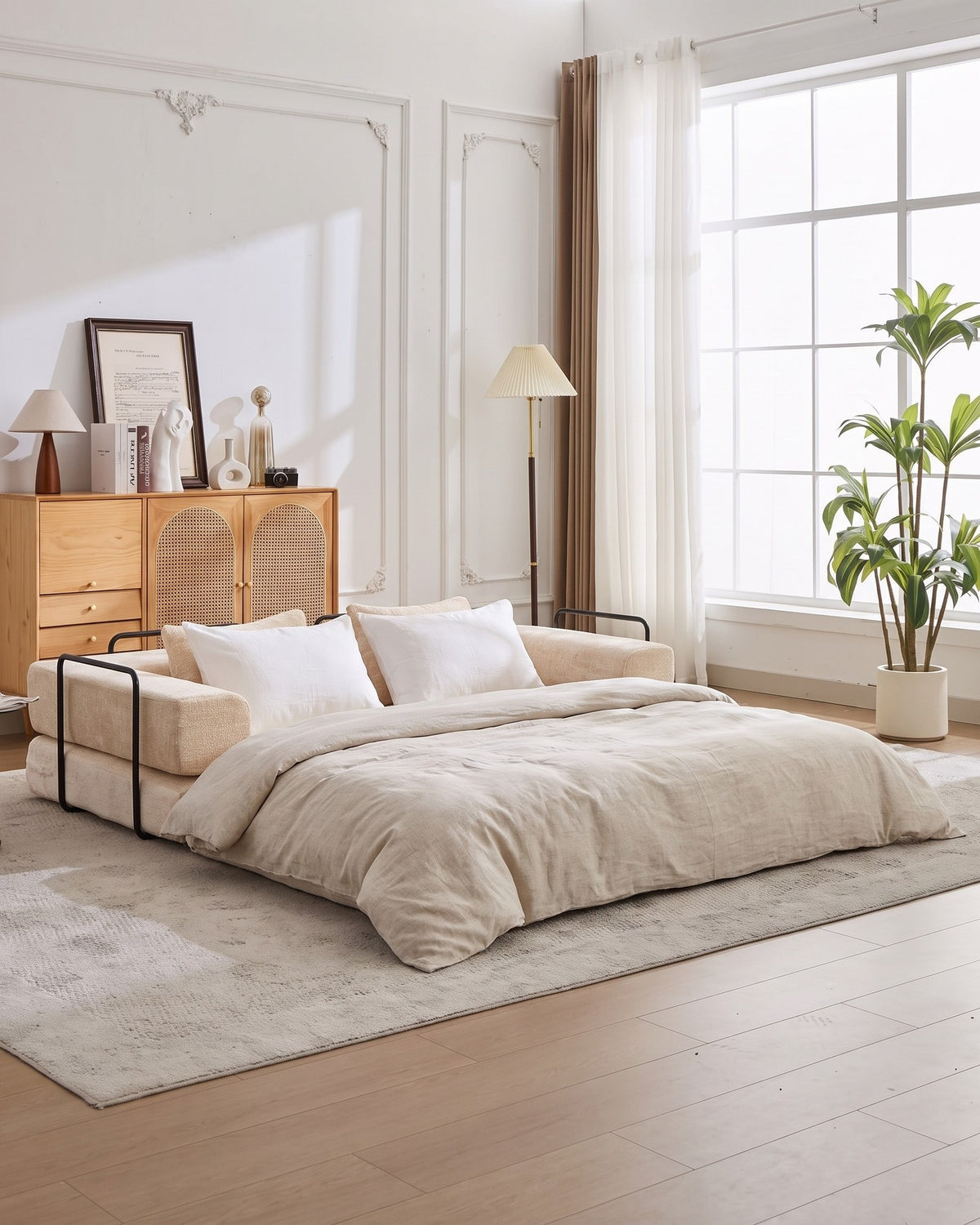 Chenille Compression Loveseat, 79 in in Beige, unfolded into a bed