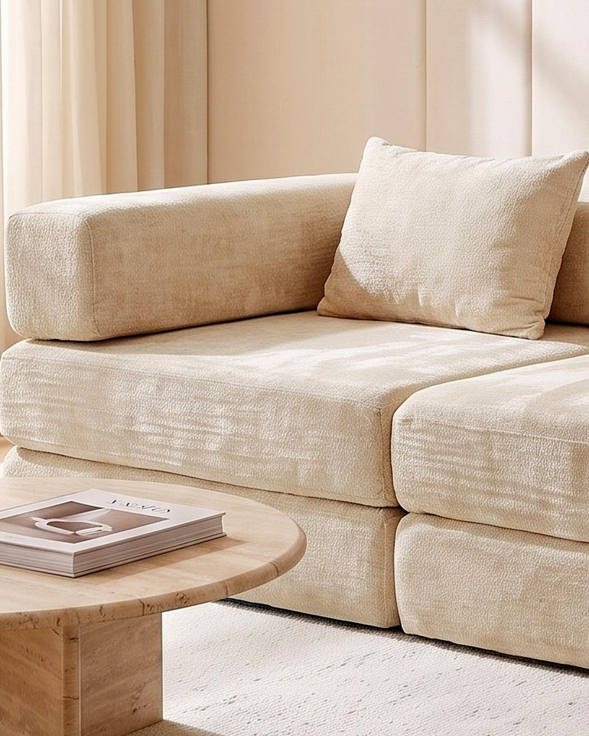 Chenille Compression Loveseat, 79 in in Beige, close-up of the left end