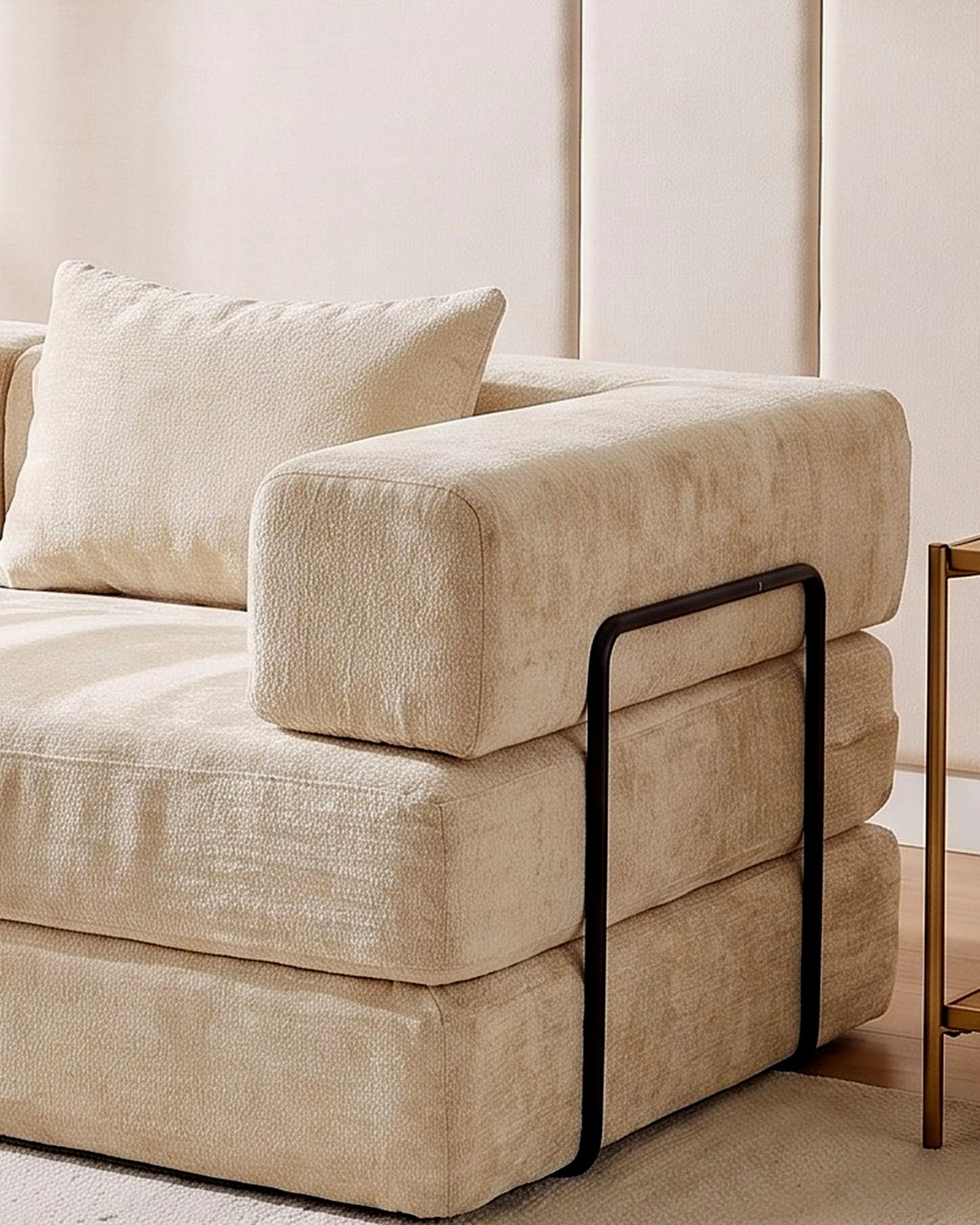 Chenille Compression Loveseat, 79 in in Beige, close-up of the right end