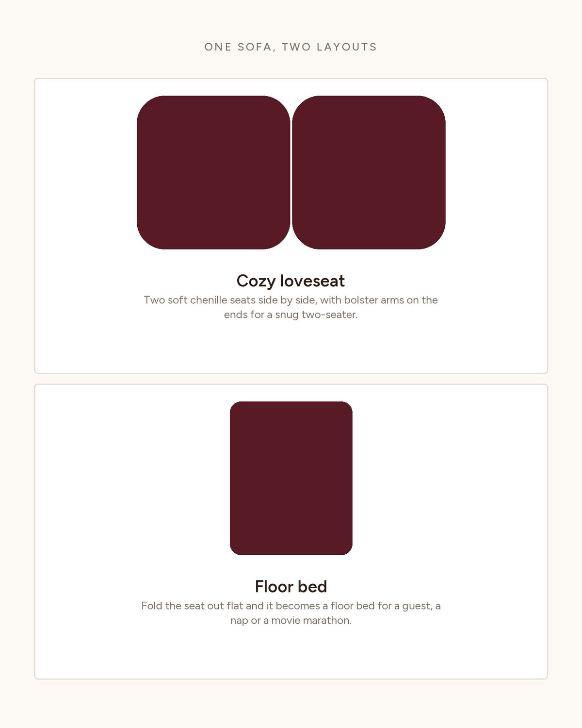 Chenille Compression Loveseat, 79 in in Beige, top-view diagram of the layouts