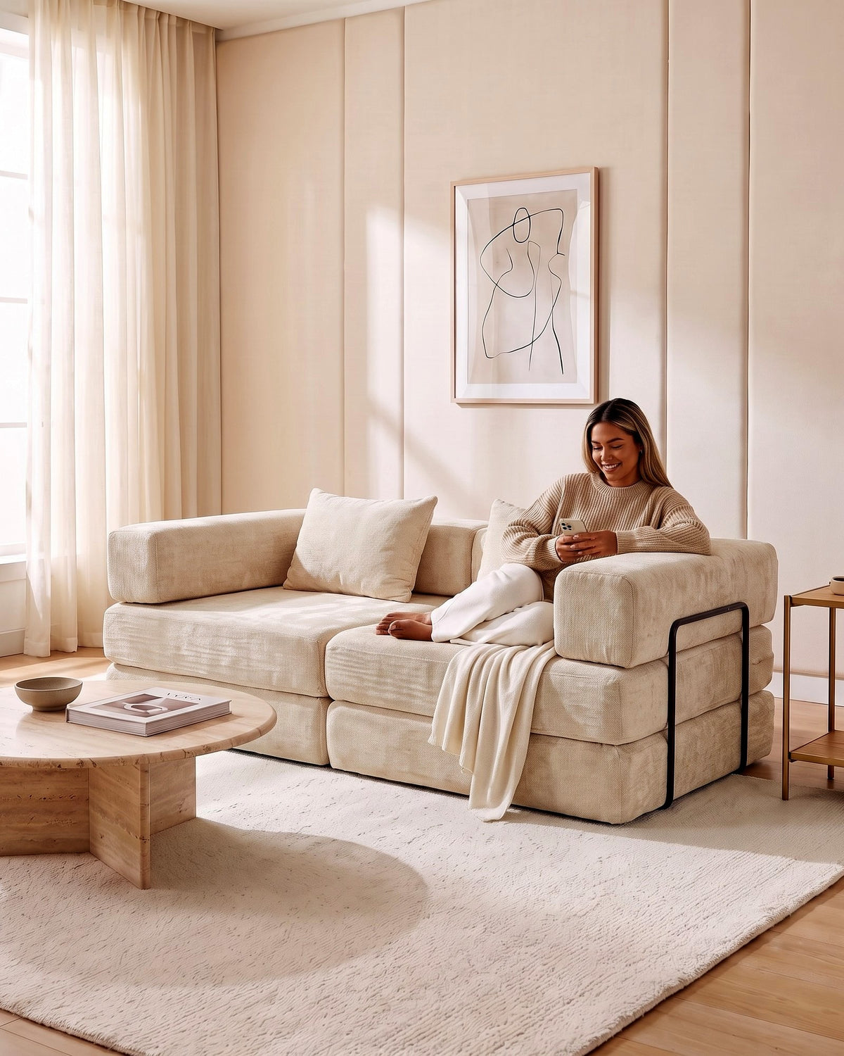 Chenille Compression Loveseat, 79 in in Beige, with a person relaxing on it