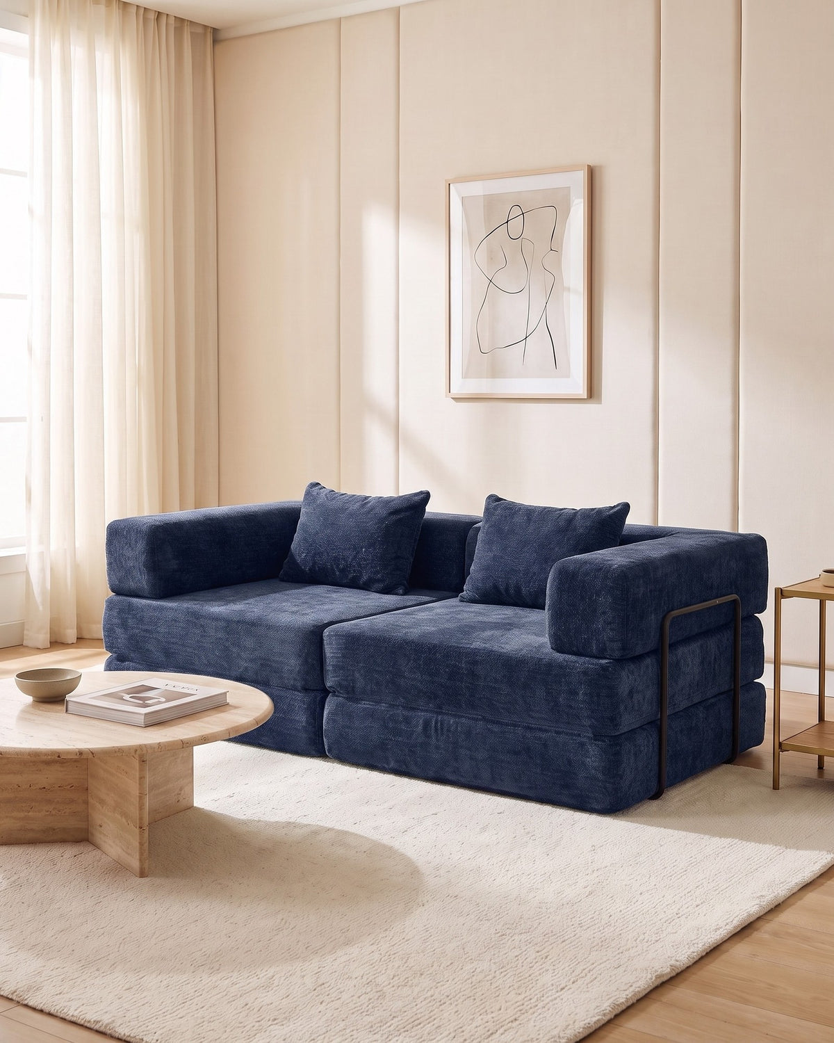 Chenille Compression Loveseat, 79 in in Dark Blue, styled in a bright living room