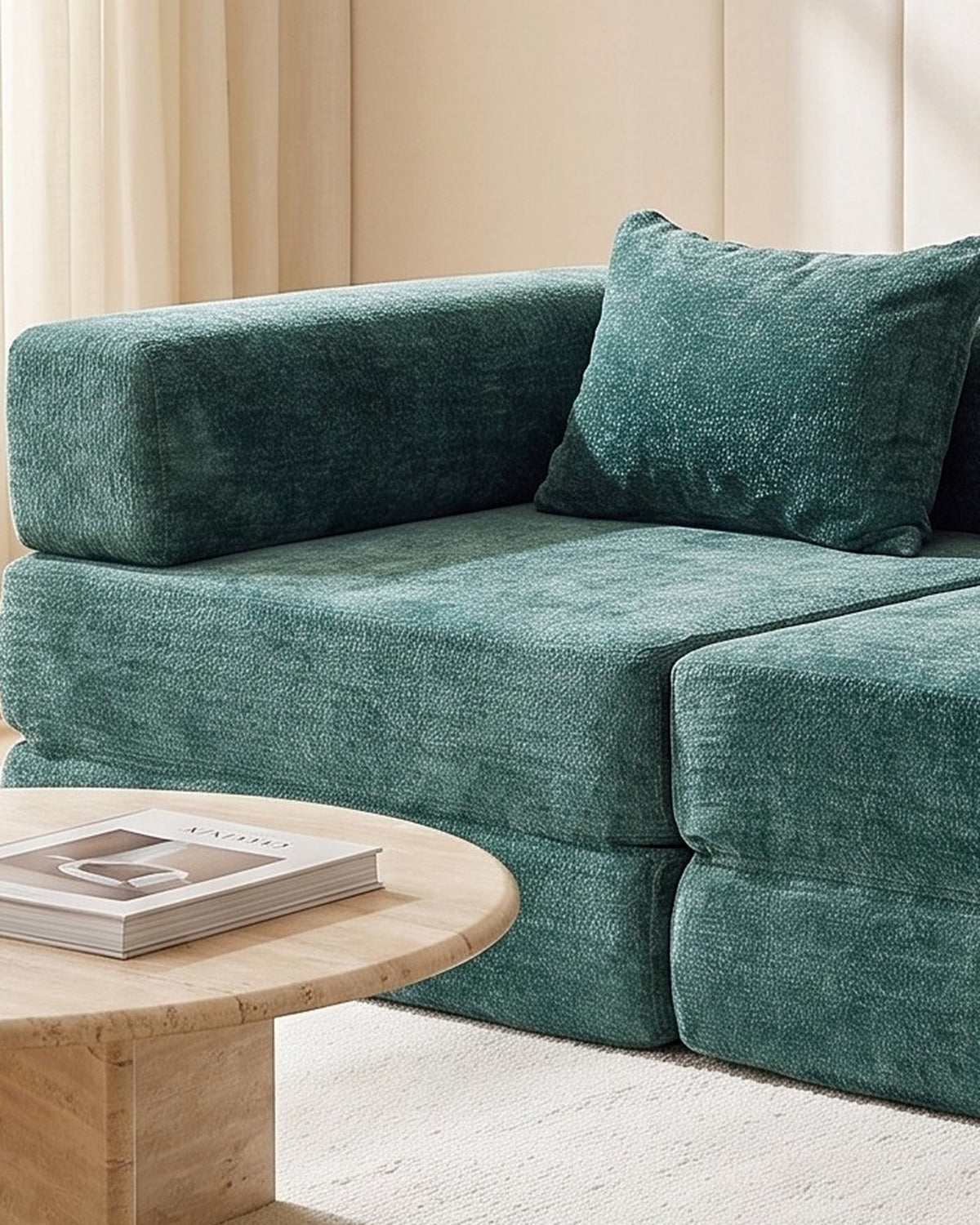 Chenille Compression Loveseat, 79 in in Dark Green, close-up of the left end