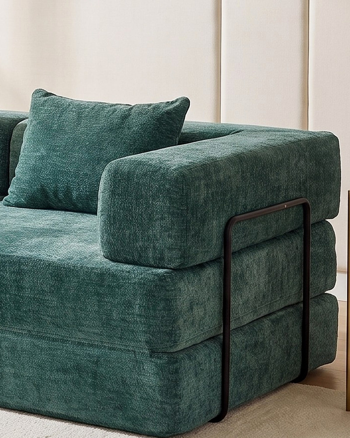 Chenille Compression Loveseat, 79 in in Dark Green, close-up of the right end