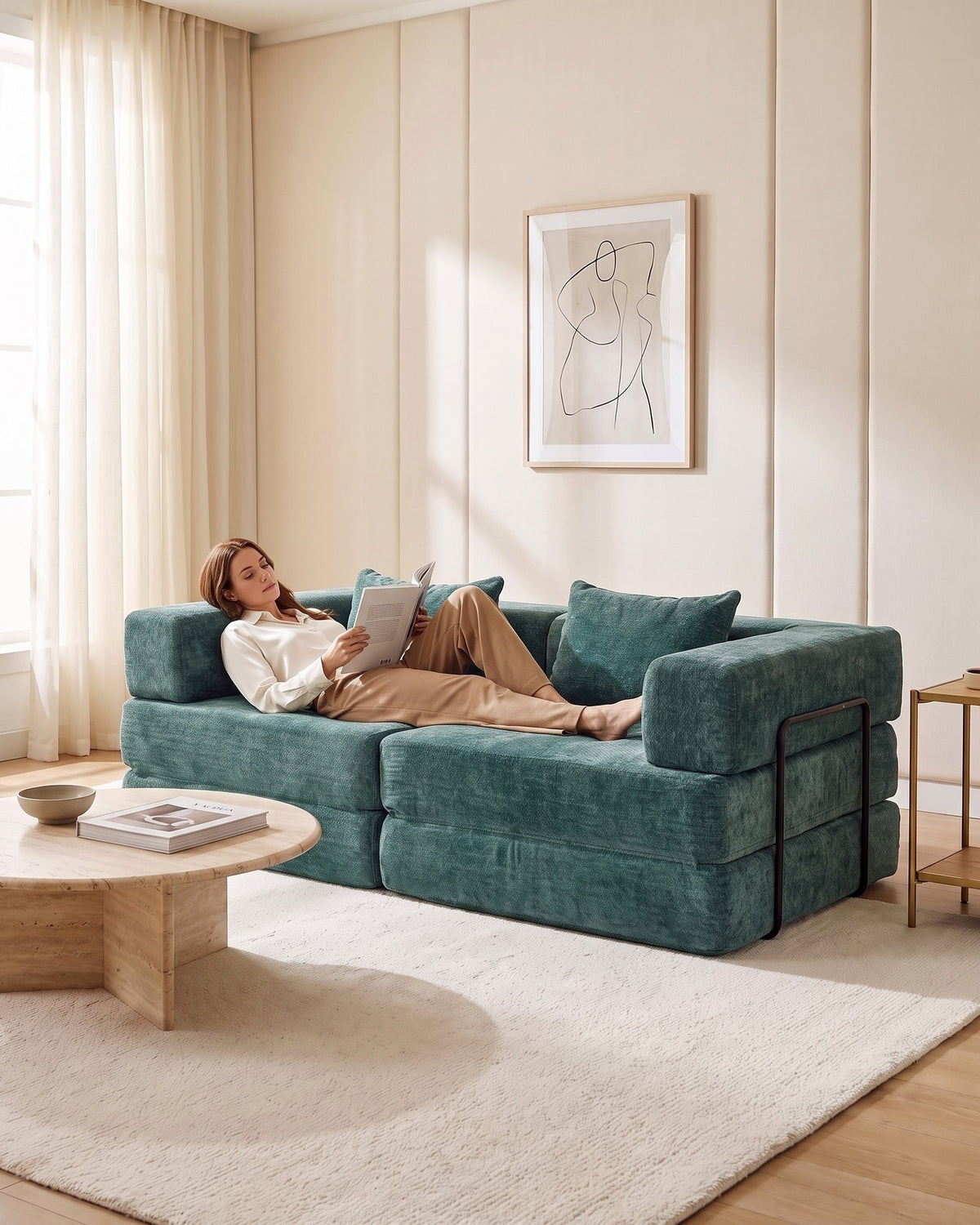 Chenille Compression Loveseat, 79 in in Dark Green, with a person relaxing on it