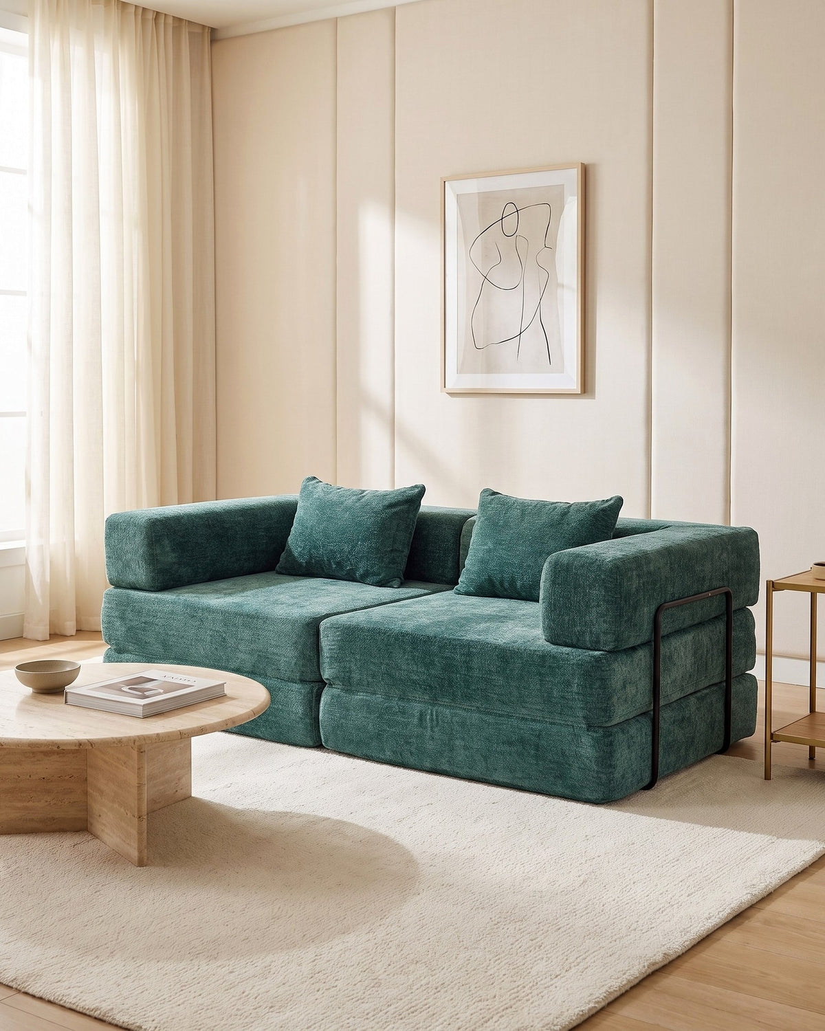 Chenille Compression Loveseat, 79 in in Dark Green, styled in a bright living room