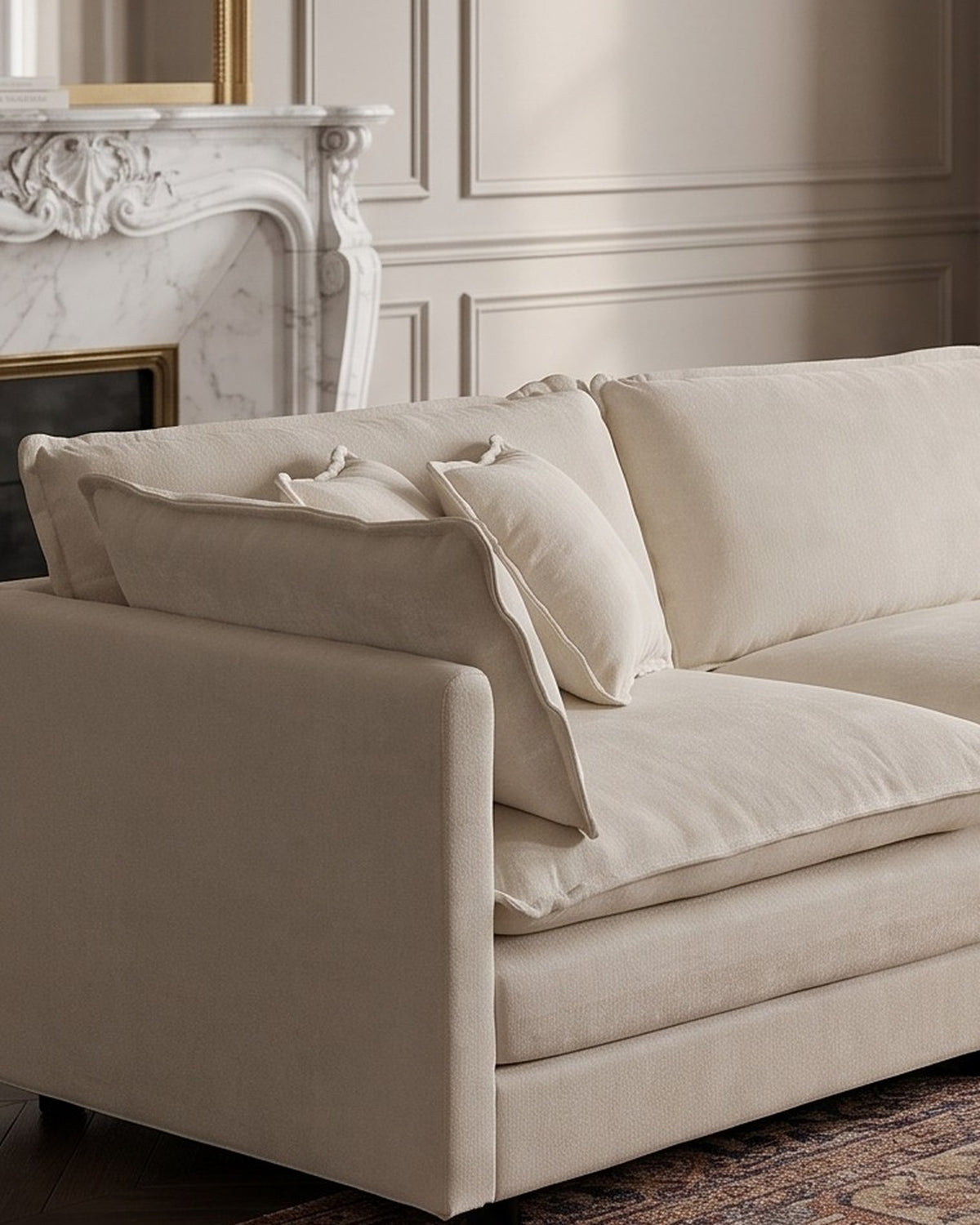Chenille Modular 4-Seat Sofa in Beige, close-up of the left end