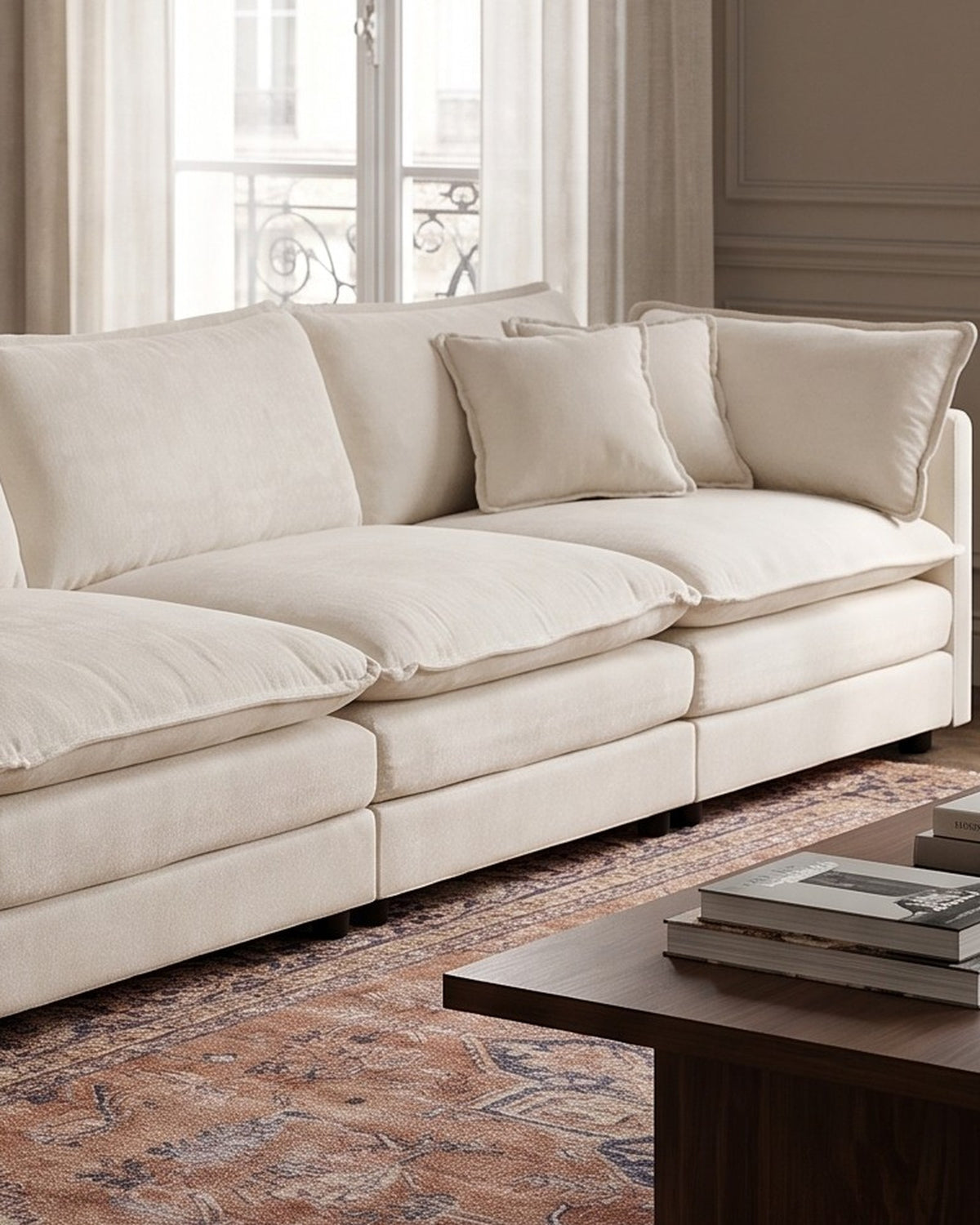 Chenille Modular 4-Seat Sofa in Beige, close-up of the right end