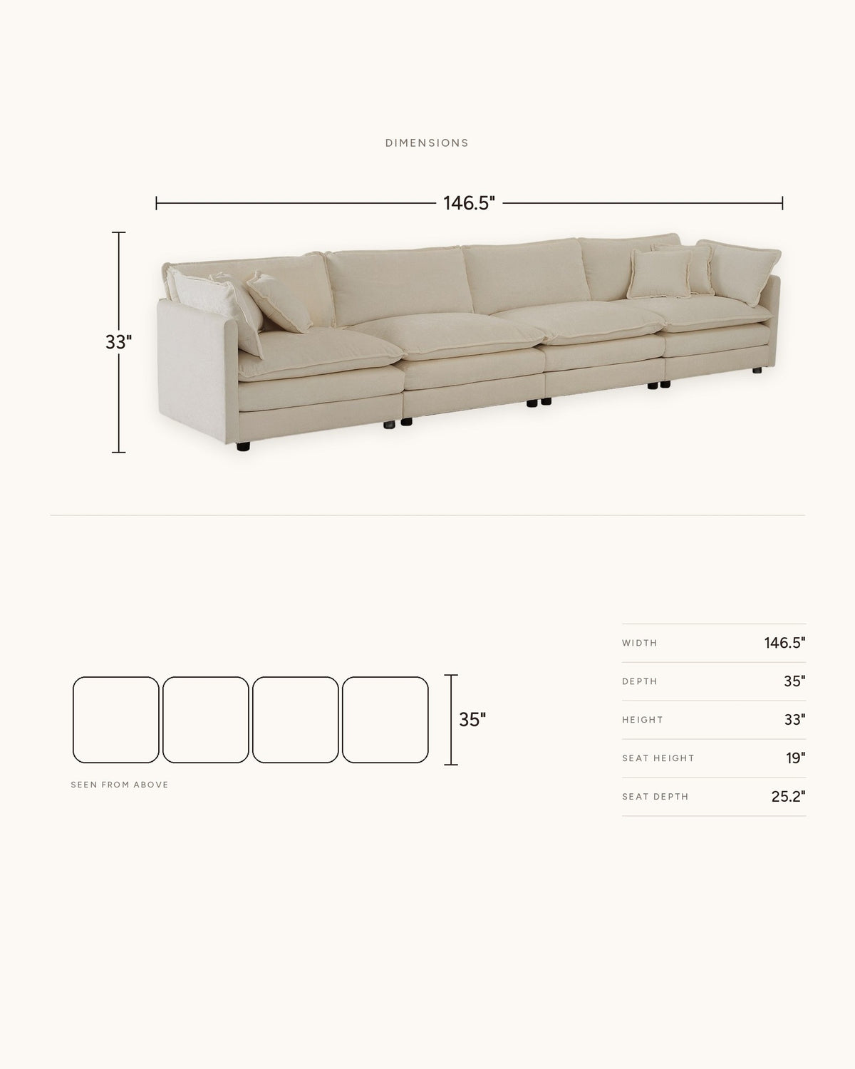 Chenille Modular 4-Seat Sofa in Beige, dimensions diagram in inches