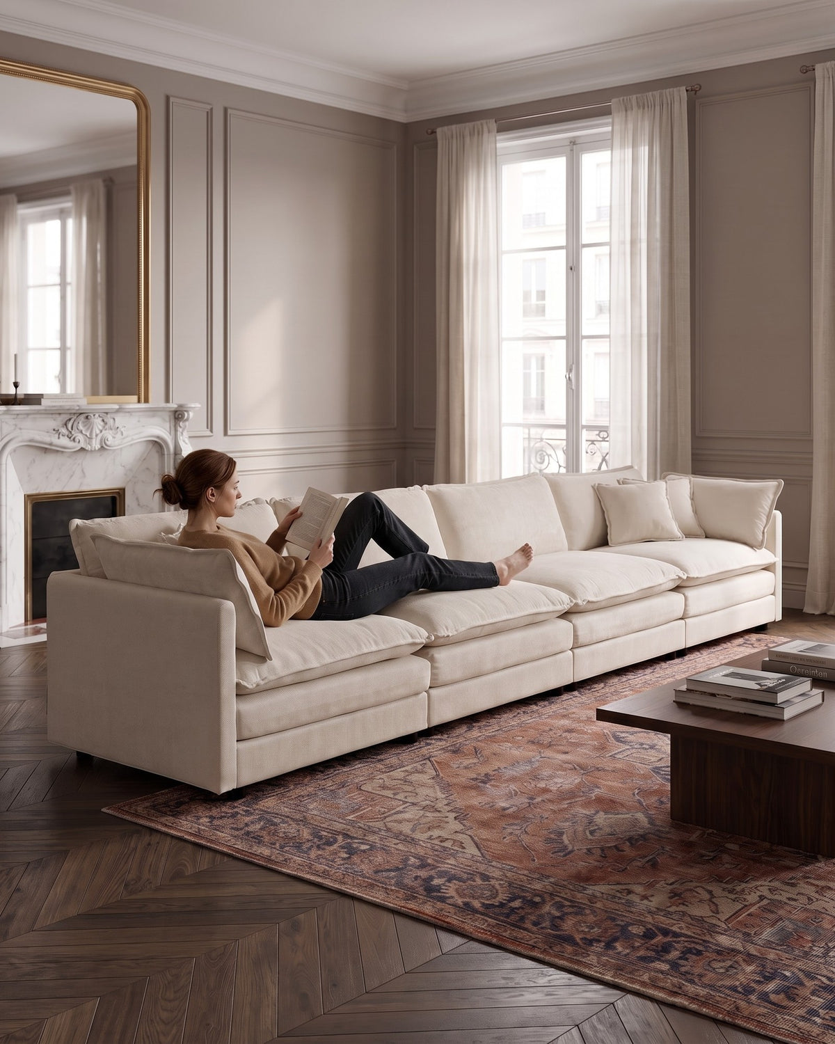 Chenille Modular 4-Seat Sofa in Beige, with a person relaxing on it