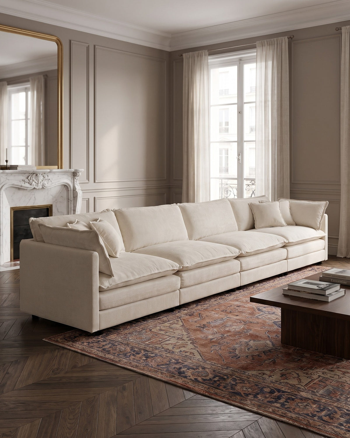 Chenille Modular 4-Seat Sofa in Beige, styled in a bright living room