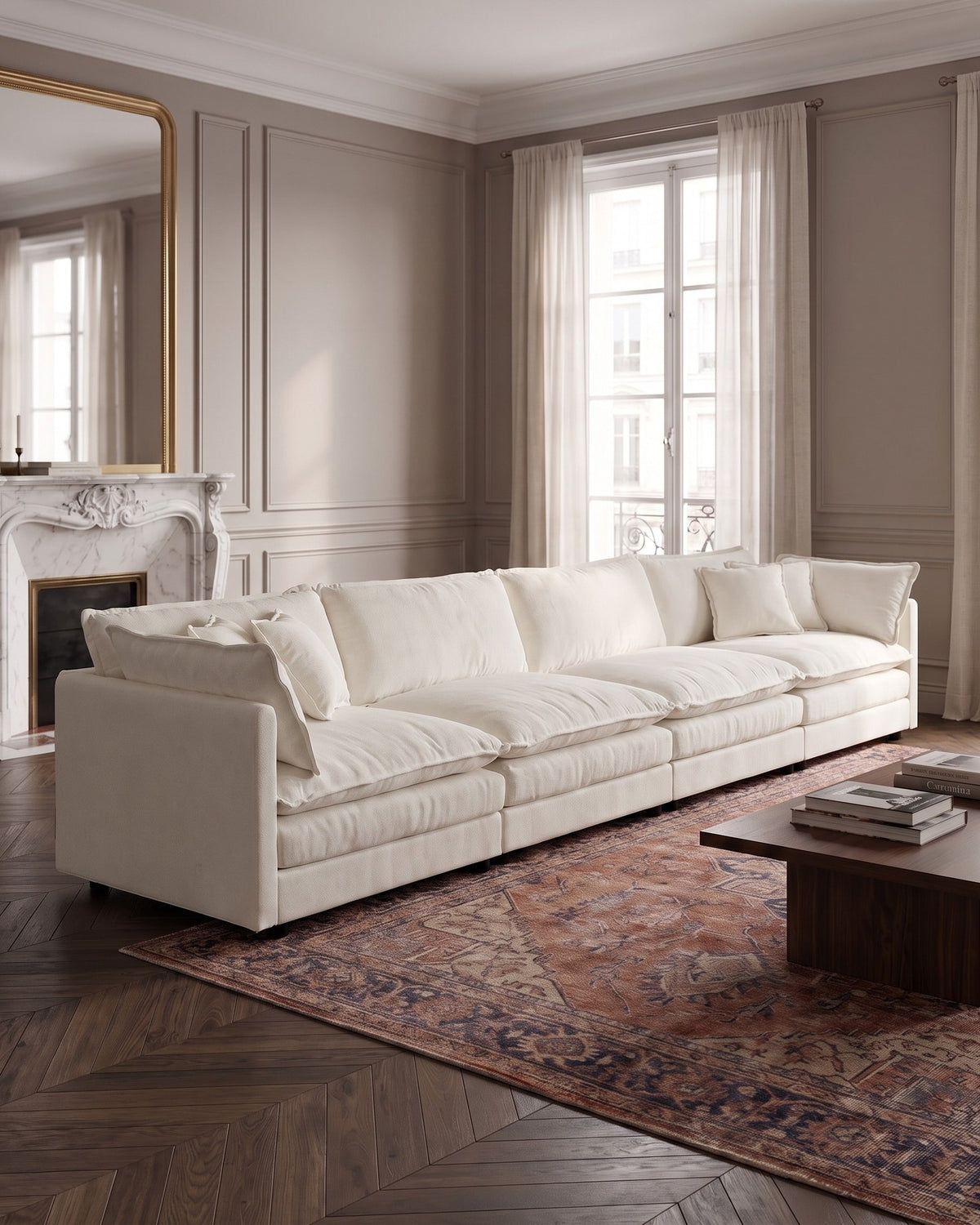 Chenille Modular 4-Seat Sofa in White, styled in a bright living room
