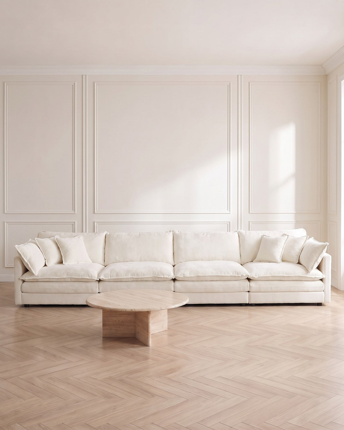 Chenille Modular 4-Seat Sofa in White, styled in a bright living room