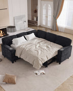 Chenille Sleeper Sectional with Pull-Out Bed and Storage, 81 in in Charcoal, unfolded into a bed [c:charcoal]