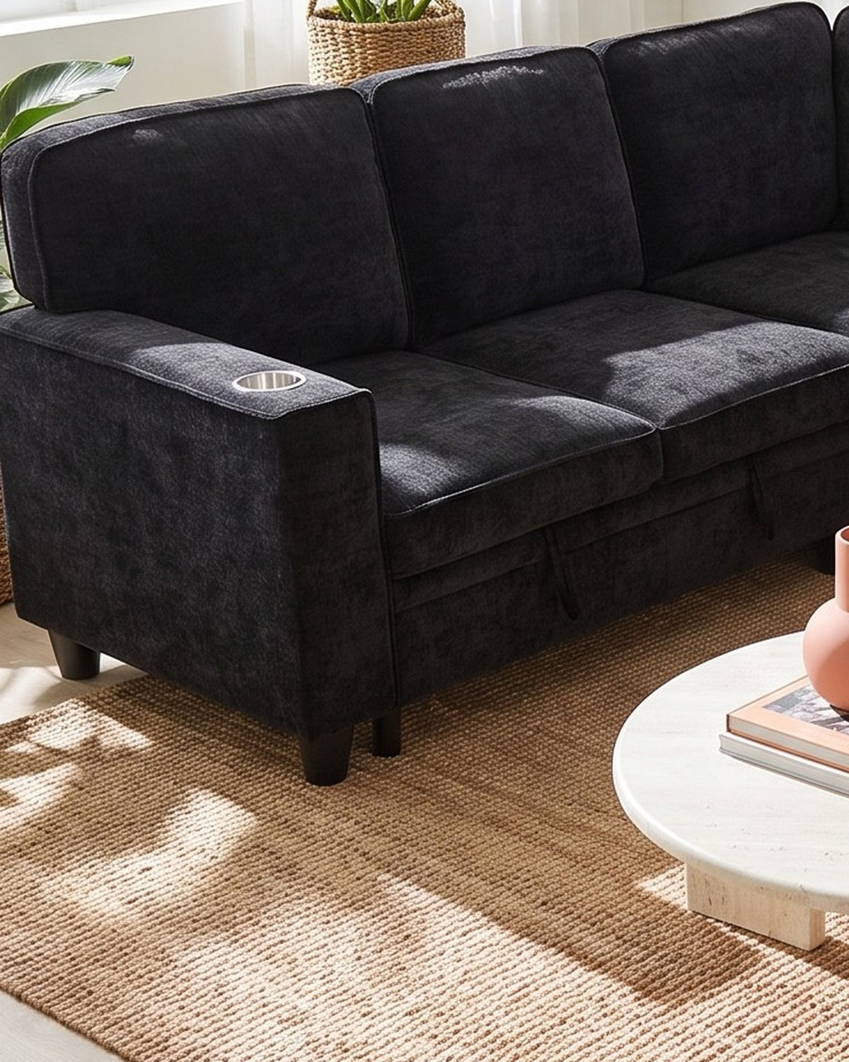 Chenille Sleeper Sectional with Pull-Out Bed and Storage, 81 in in Charcoal, close-up of the left end