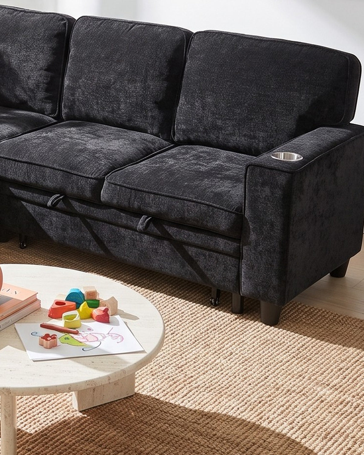 Chenille Sleeper Sectional with Pull-Out Bed and Storage, 81 in in Charcoal, close-up of the right end