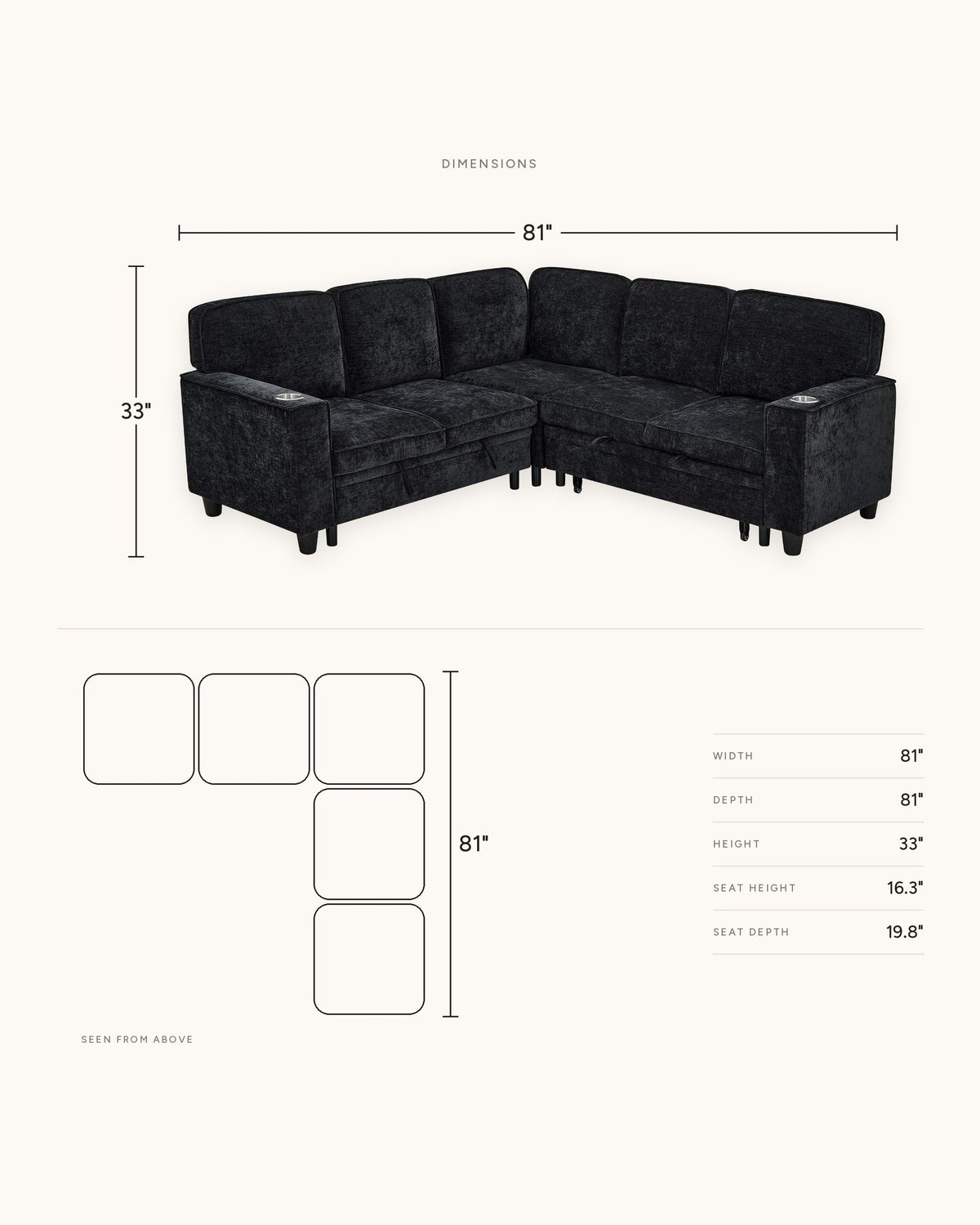 Chenille Sleeper Sectional with Pull-Out Bed and Storage, 81 in, dimensions in inches