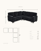 Chenille Sleeper Sectional with Pull-Out Bed and Storage, 81 in in Charcoal, dimensions diagram in inches [c:charcoal] [r:dims]