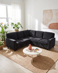 Chenille Sleeper Sectional with Pull-Out Bed and Storage, 81 in in Charcoal, styled in a bright living room [c:charcoal] [r:good]