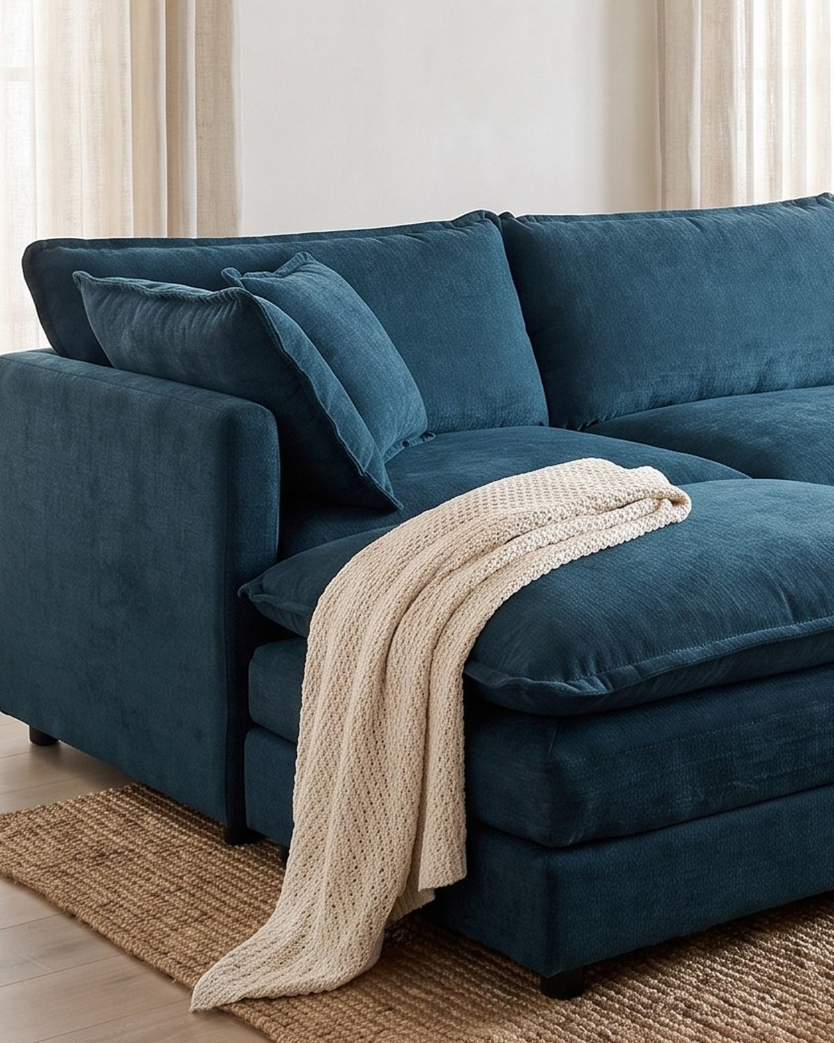 Chenille U-Shaped Sectional with 2 Reversible Ottomans, 3 Seats in Blue, close-up of the left end