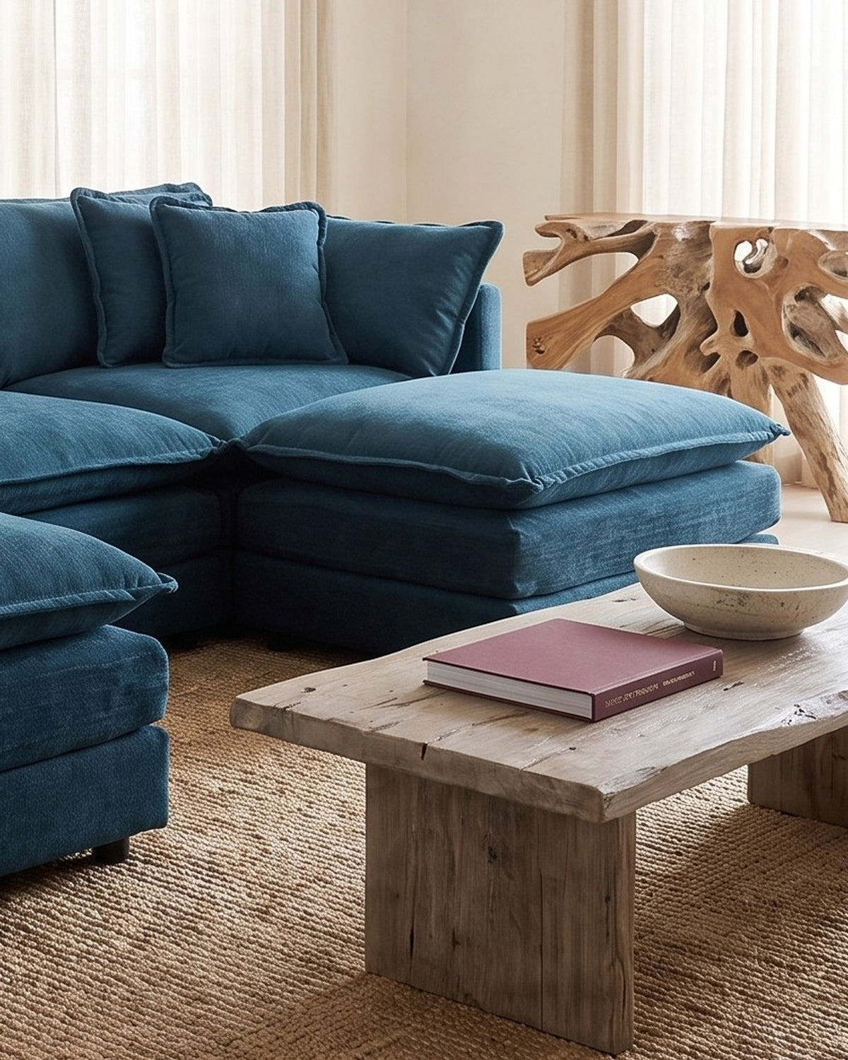 Chenille U-Shaped Sectional with 2 Reversible Ottomans, 3 Seats in Blue, close-up of the right end