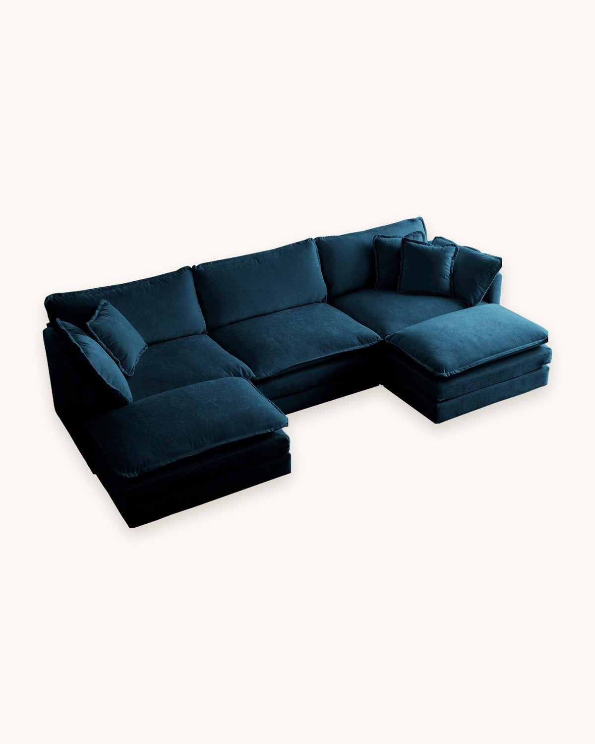 Chenille U-Shaped Sectional with 2 Reversible Ottomans, 3 Seats in Blue, studio photo on a light background