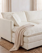 Chenille U-Shaped Sectional with 2 Reversible Ottomans, 3 Seats in White, close-up of the left end [c:white] [r:detail]