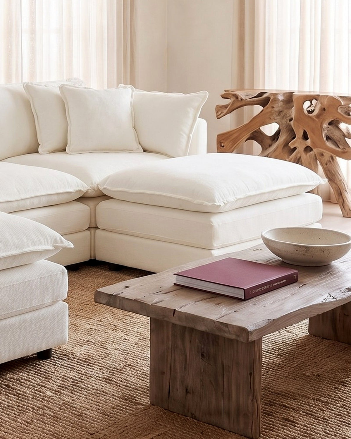 Chenille U-Shaped Sectional with 2 Reversible Ottomans, 3 Seats in White, close-up of the right end